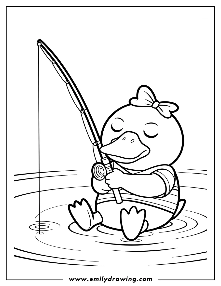 Outline of a small duckling wearing a bow and a striped shirt, sitting in water and holding a fishing rod with its eyes closed.