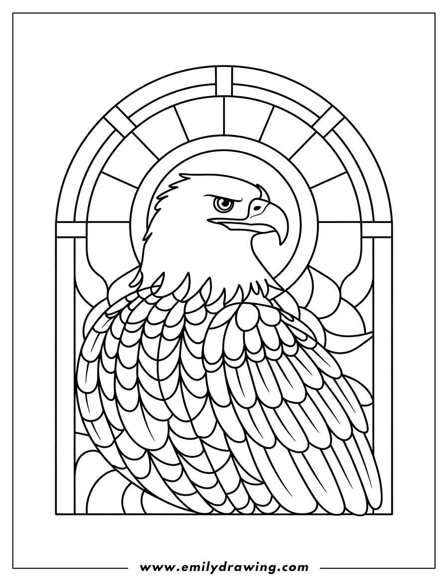 Line art of an eagle in a stained glass window frame. The eagle's head and part of its body are visible.