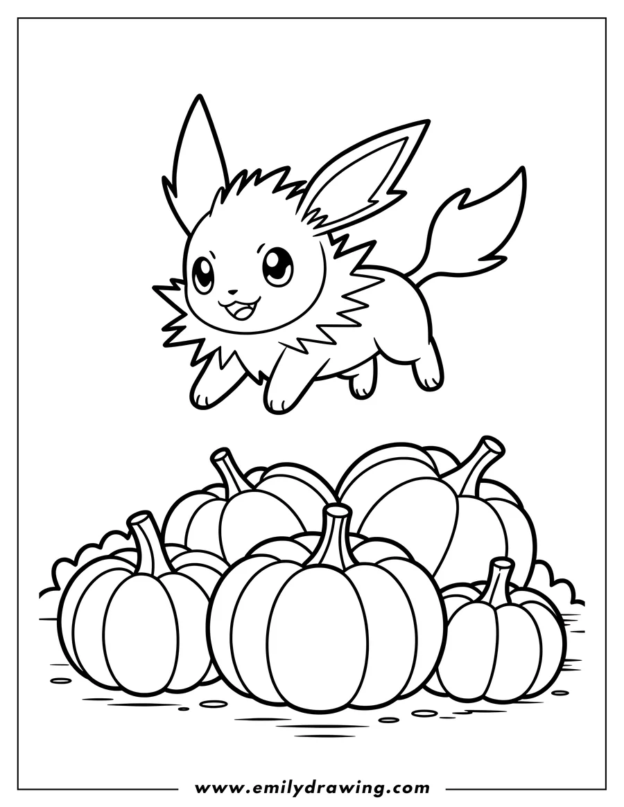 Outline of the Pokémon Eevee jumping happily above a large pile of various-sized pumpkins.