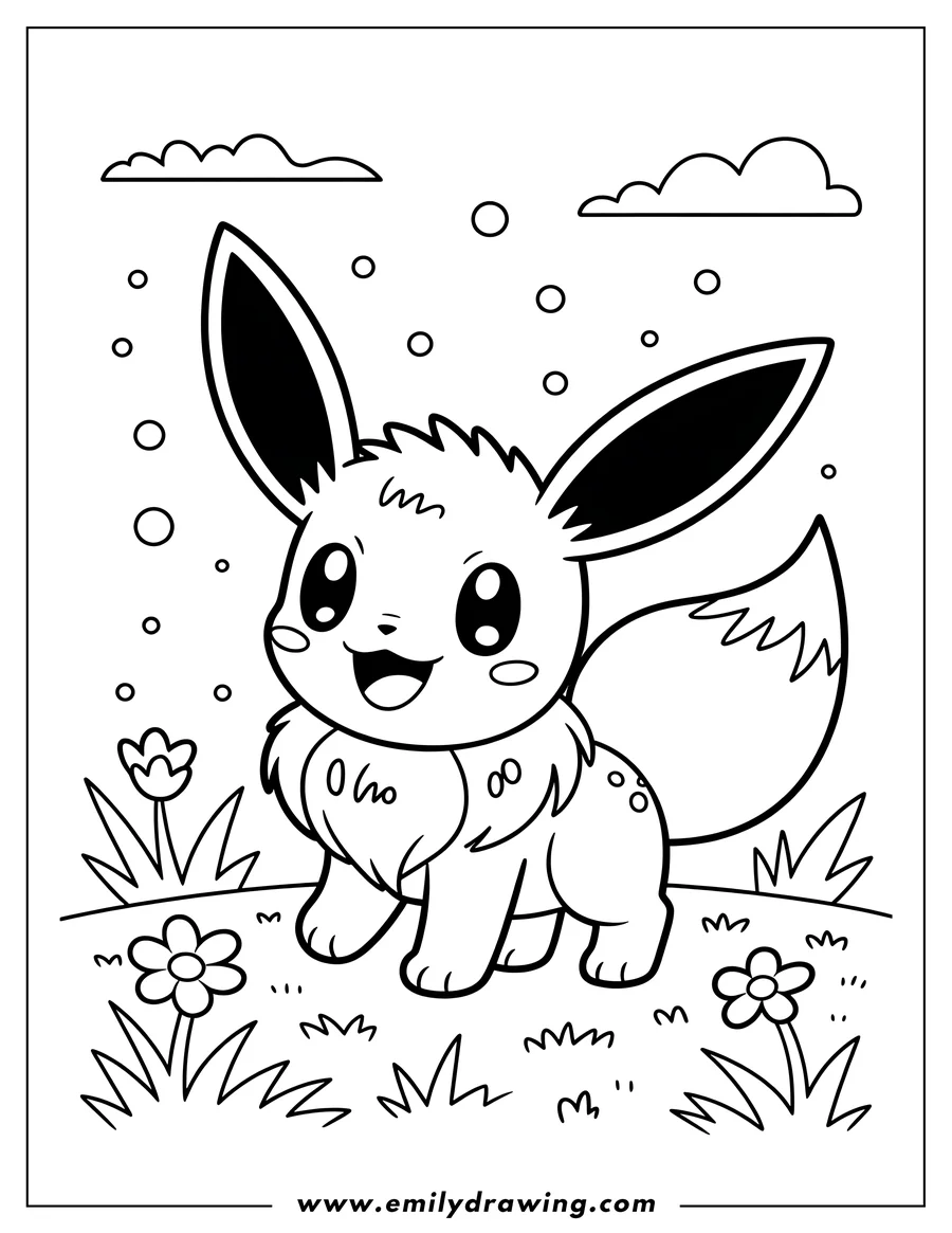 Line art of a happy Eevee, a Pokémon with large ears and a bushy tail, standing in a grassy field with small flowers, clouds, and floating circles.