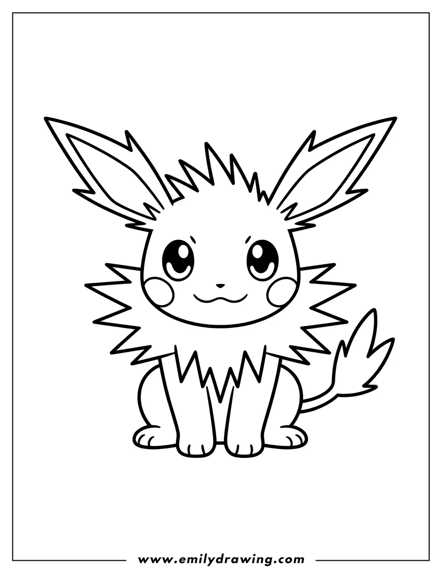 Outline of a cheerful Eevee, a Pokemon character, sitting with large ears, spiky fur around its neck and head, and a fluffy tail.