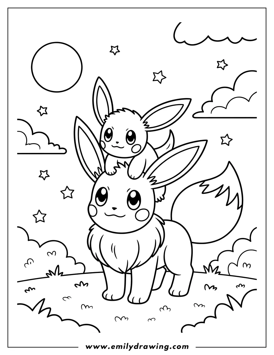 Line art of a larger Eevee with a smaller Eevee sitting on its head, under a full moon and scattered stars, with clouds and grassy terrain in the background.