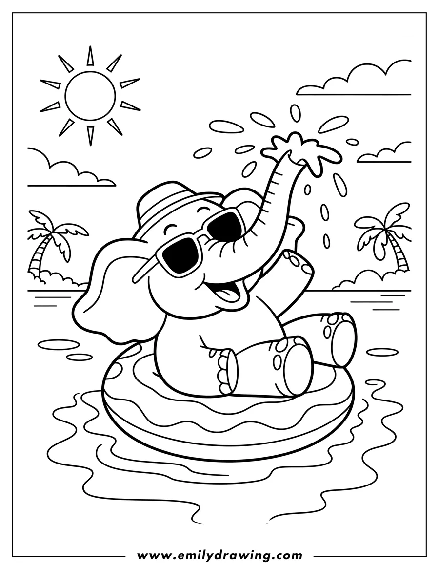 Line art of a happy elephant wearing sunglasses and a hat, floating on an inner tube and splashing water with its trunk. Palm trees and a bright sun are in the background.