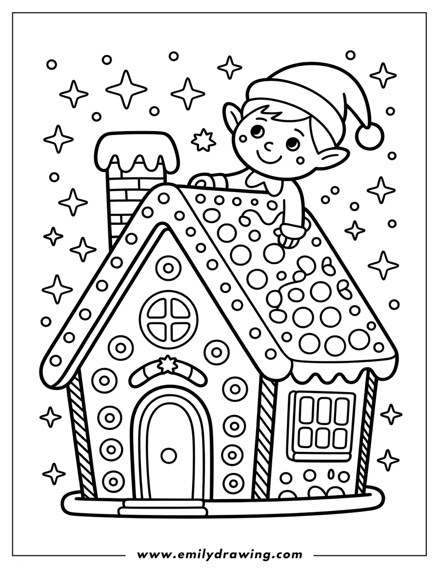 Line art of a Christmas elf sitting on top of a decorated gingerbread house. The scene is sprinkled with stars.
