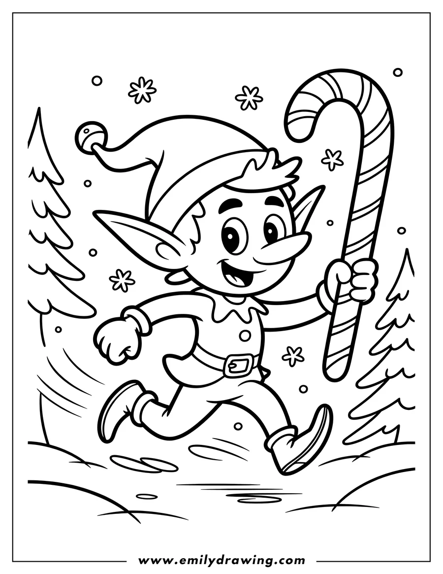 Line art of a cheerful elf running with a large candy cane in a snowy scene with pine trees.