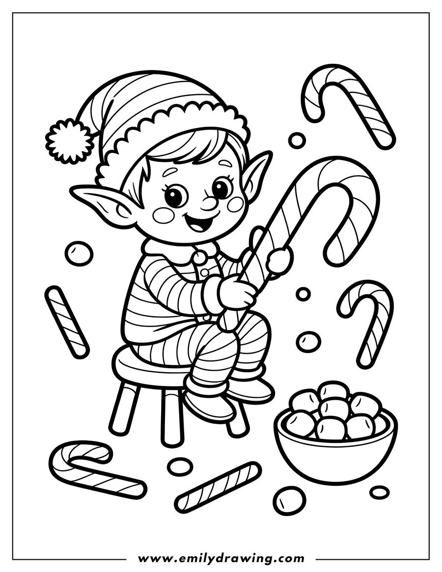 Outline of a cheerful elf sitting on a small stool, holding a large candy cane. Candy canes and a bowl of gum balls are scattered around him.