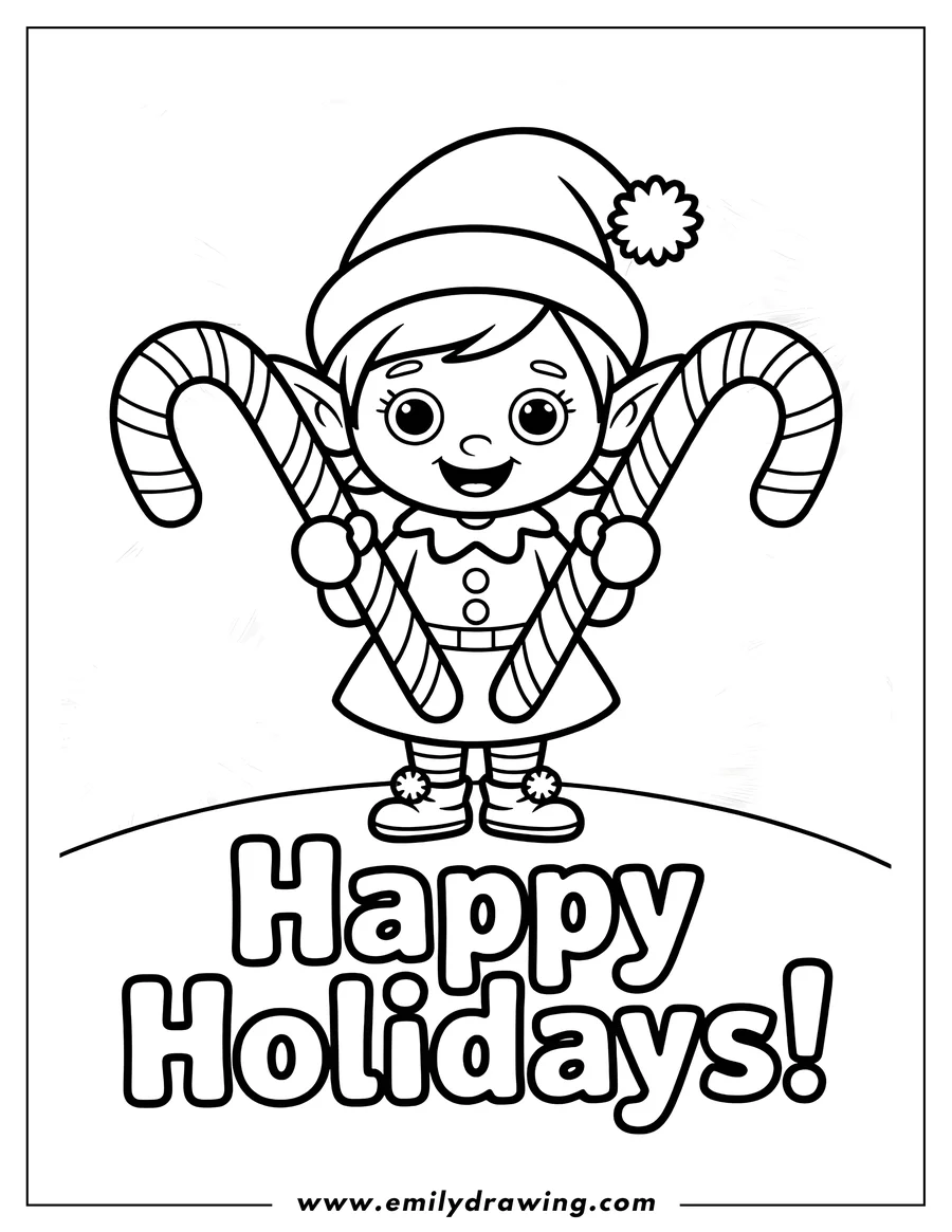Line art of a smiling elf holding two large candy canes. The elf is wearing a pointy hat and shoes with pom-poms.