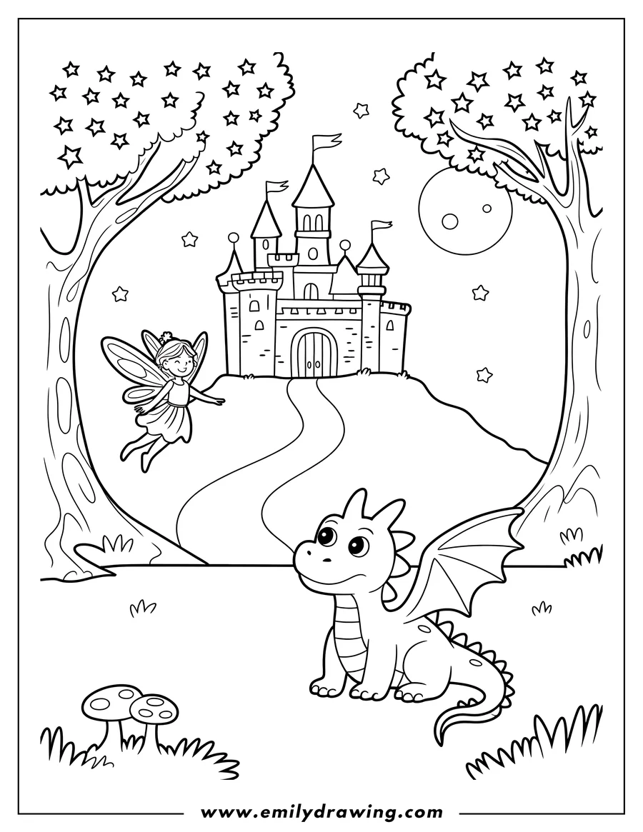 Line art of a fairy flying in a forest with a cute dragon sitting on the grass, a castle on a hill in the background, and trees with star-shaped leaves.