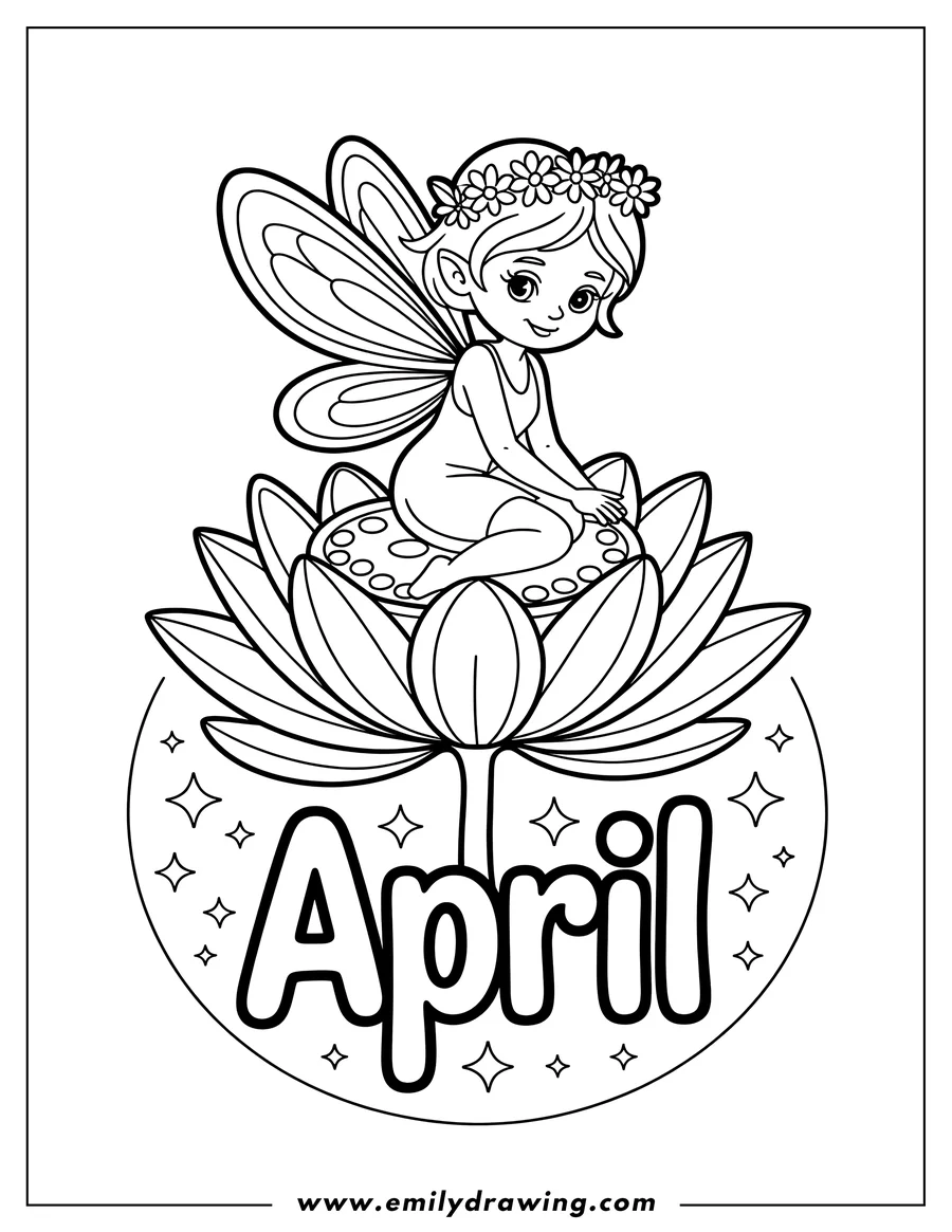 Line art of a fairy with a flower crown, sitting on a lotus flower, with the word 'April' below