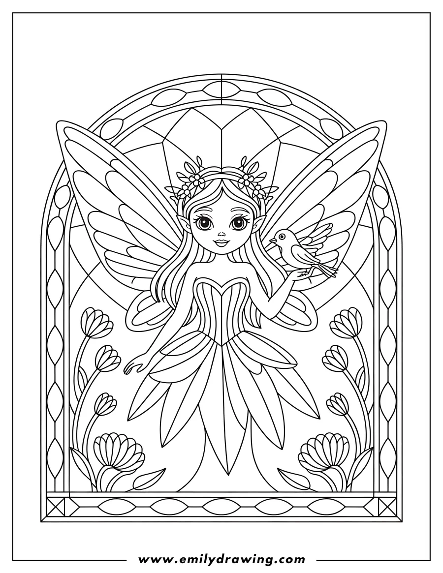Line art of a fairy with large wings holding a small bird, all within a decorative stained glass frame.
