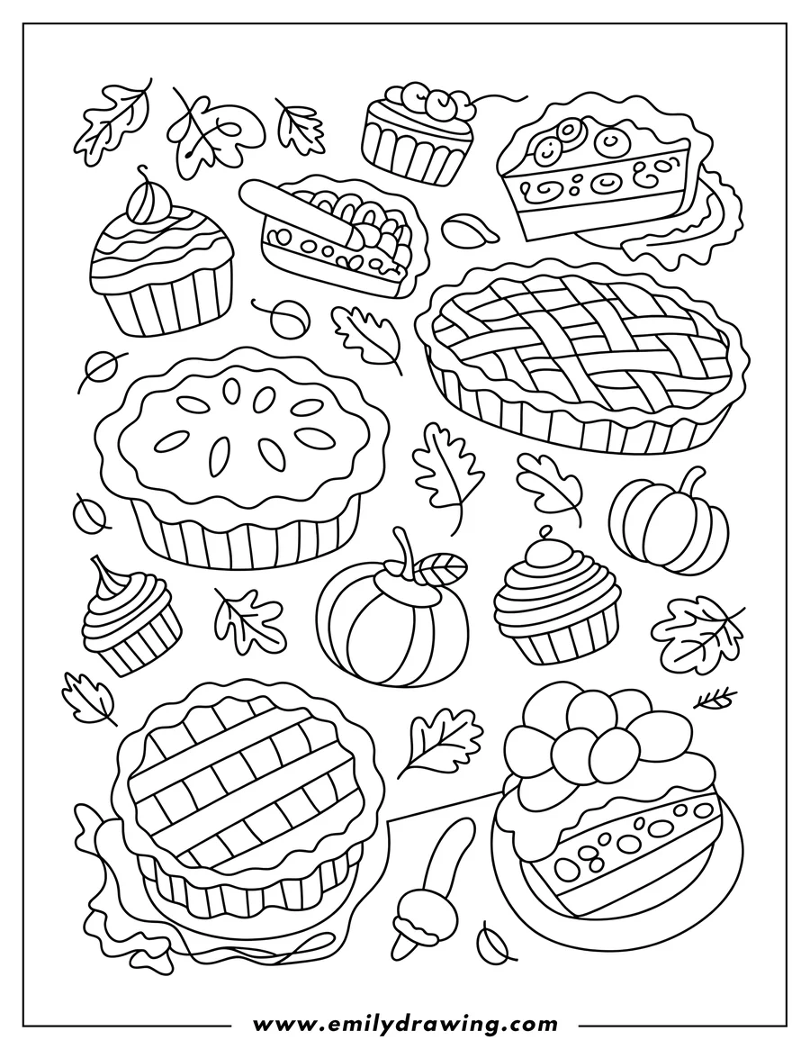Outline of a variety of fall desserts including lattice pies, whole pies, cupcakes, and pie slices, surrounded by scattered autumn leaves and pumpkins.