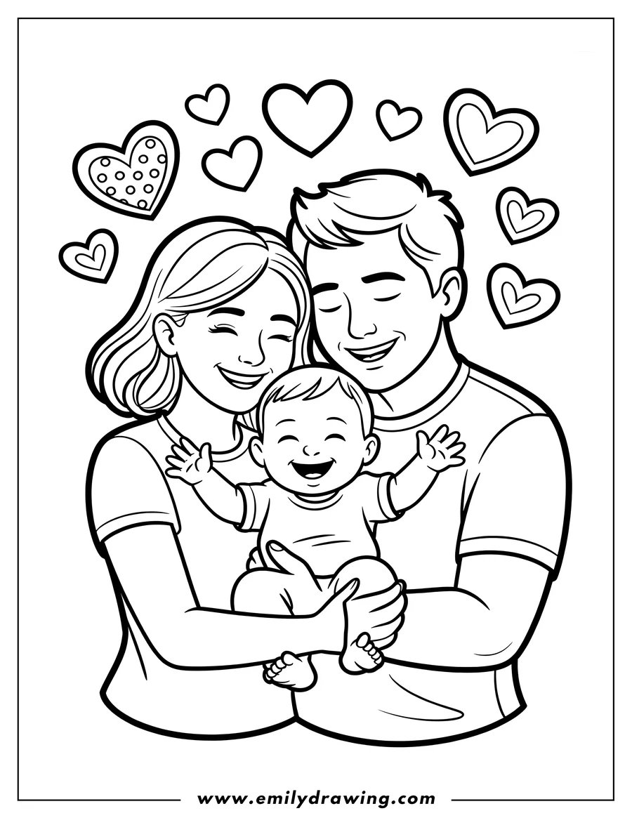 Line art of a happy family. Parents are holding their smiling baby, surrounded by floating hearts.