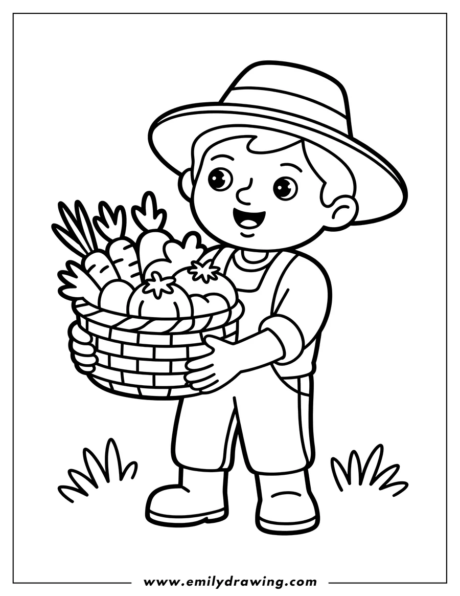 Line art of a farmer wearing a hat and overalls holding a basket of carrots and tomatoes.