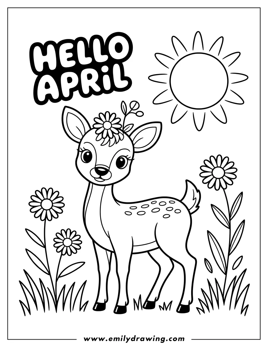 Outline of a fawn with flowers in its hair, standing in a field with flowers and a sun in the background for April.