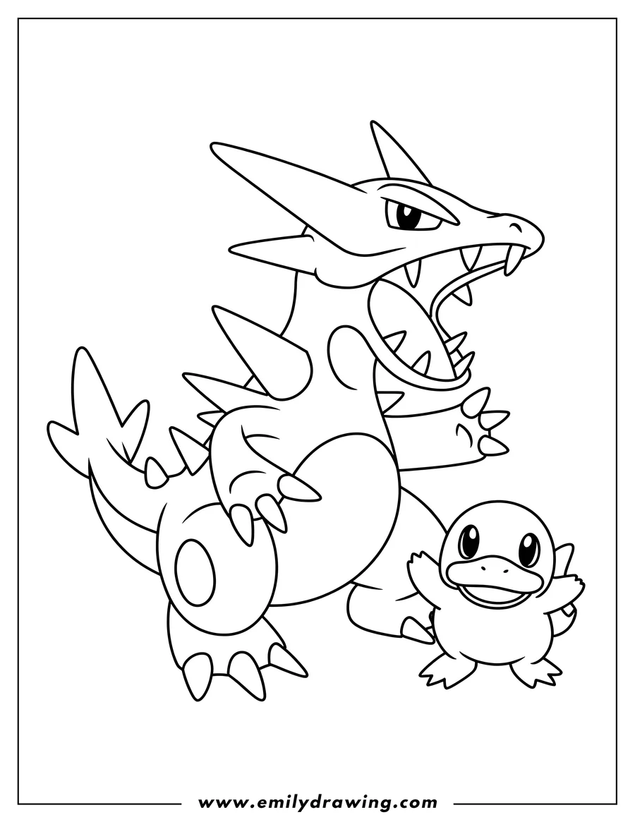 Line art of a fierce-looking Feraligatr with its mouth open, showing sharp teeth, standing next to a small, smiling Psyduck with its arms outstretched.