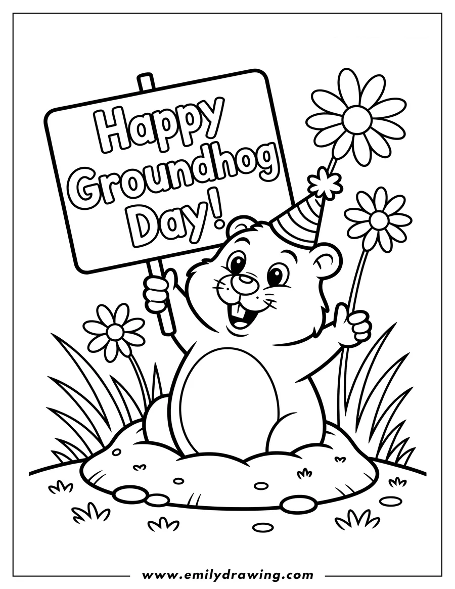 Outline of a cheerful groundhog emerging from its burrow, wearing a party hat and holding a Happy Groundhog Day sign and a flower.