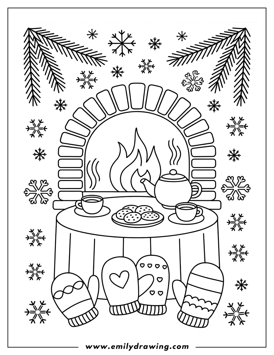 Line art of a cozy fireplace with flames, a table set with a teapot, two teacups, and a plate of cookies, surrounded by falling snowflakes and evergreen branches. Four decorated mittens hang from the table.