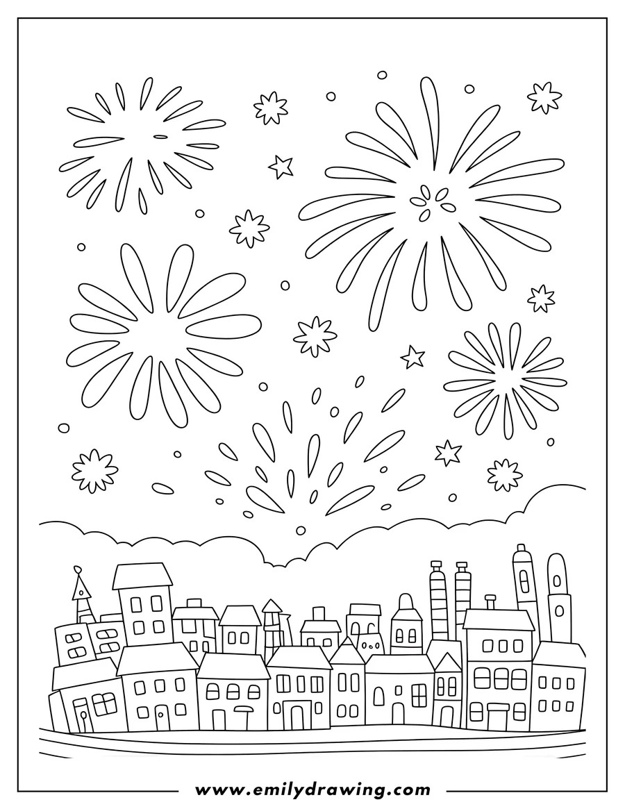 Line art showing various fireworks bursting above a skyline of city buildings, with stars and dots filling the sky.