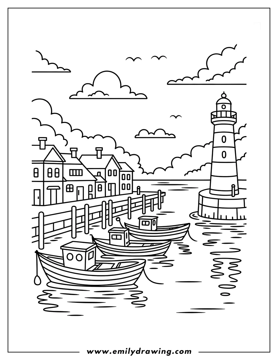 Outline of three fishing boats tied up at a wharf, with a lighthouse and houses in the background.