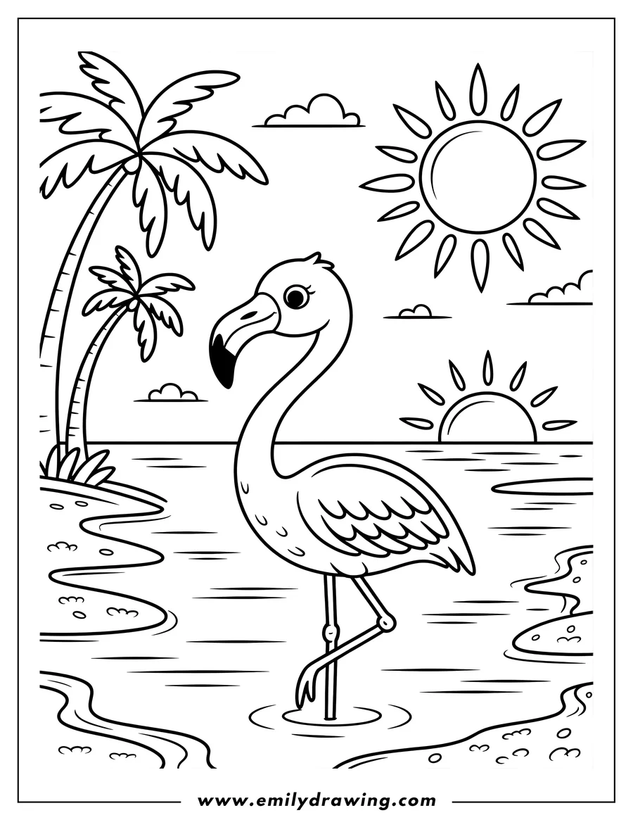 Line art of a flamingo standing in water with palm trees on the left and a shining sun in the sky, with a sunset on the horizon.