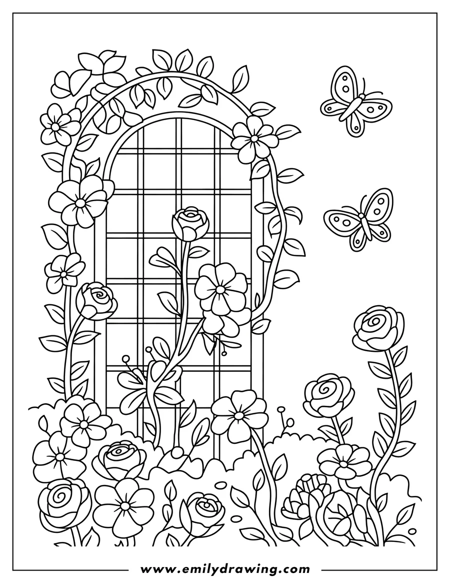Outline of a garden scene with a flower-covered archway, roses, and two butterflies flying overhead