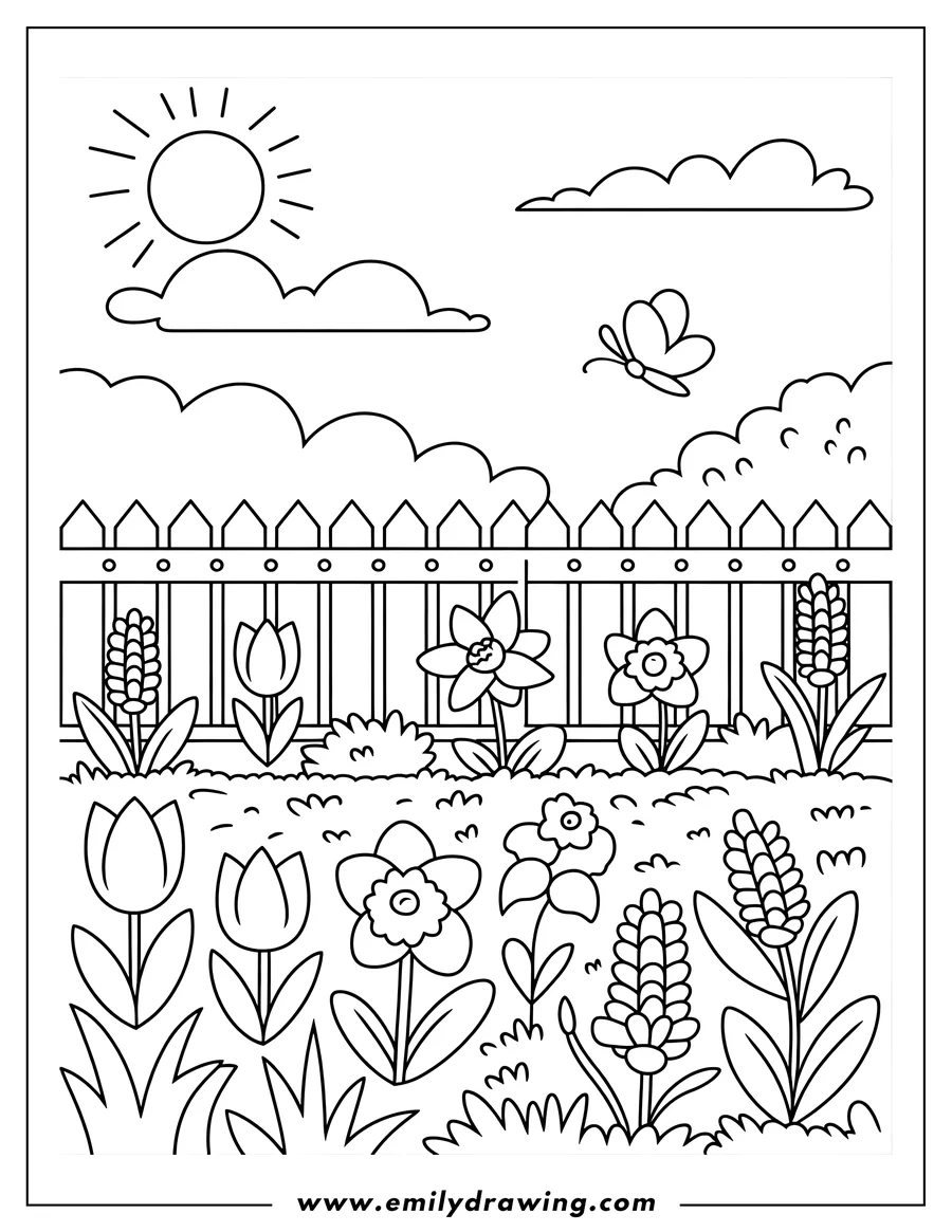 Line art of a vibrant flower garden with a variety of blooming flowers, a white picket fence, a flying butterfly, and the sun shining in the sky.