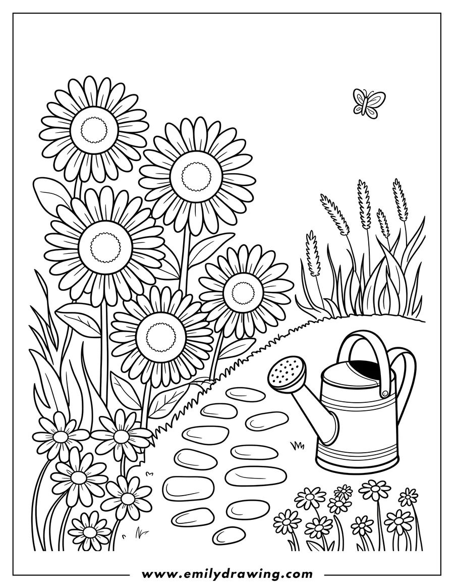 Outline of a flower garden with large blooming flowers, a stone path, and a watering can on the grass, with a small butterfly flying above.