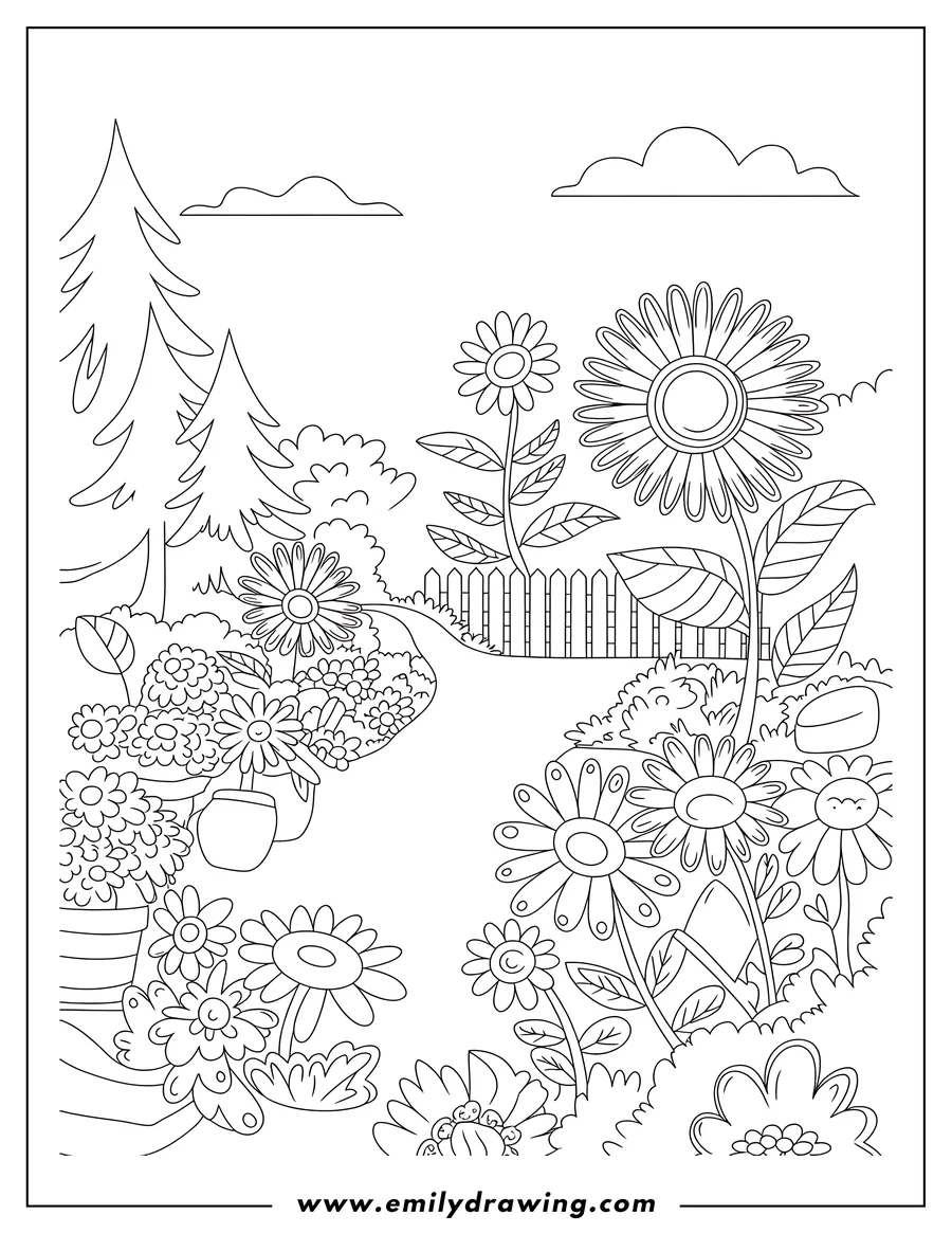 Line art of a vibrant flower garden with a winding path and a small picket fence, surrounded by tall trees and bushes under fluffy clouds.
