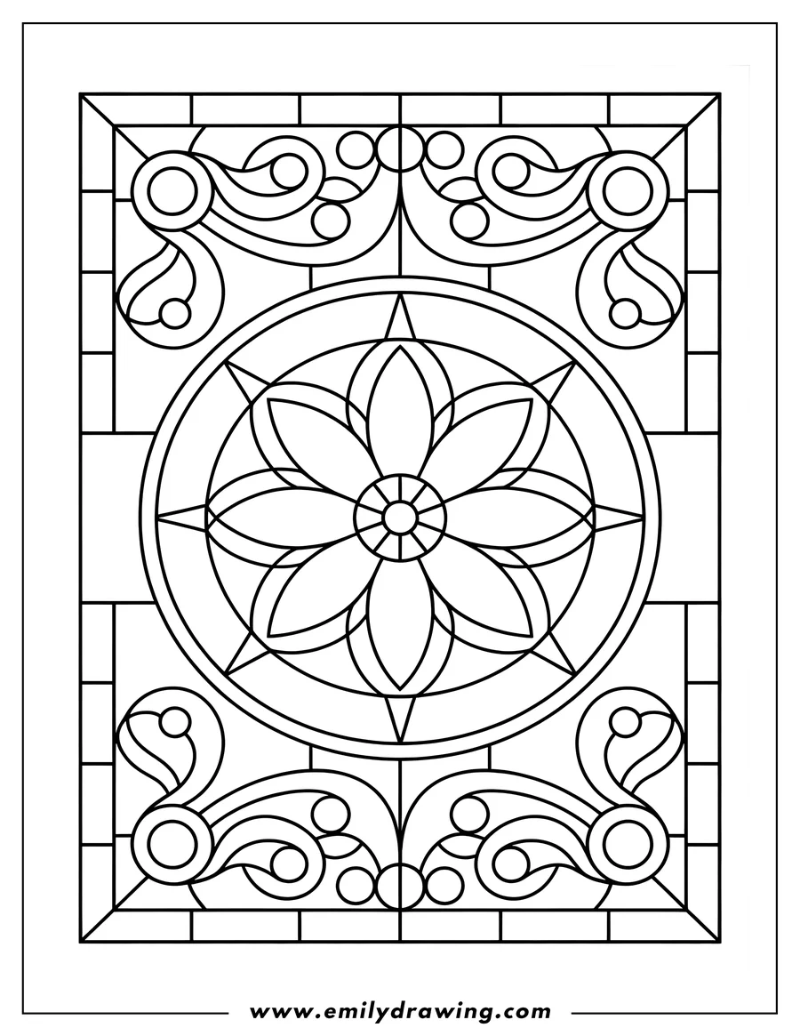 Line art of a flower in a stained glass window. Swirls, circles, and geometric shapes surround it.