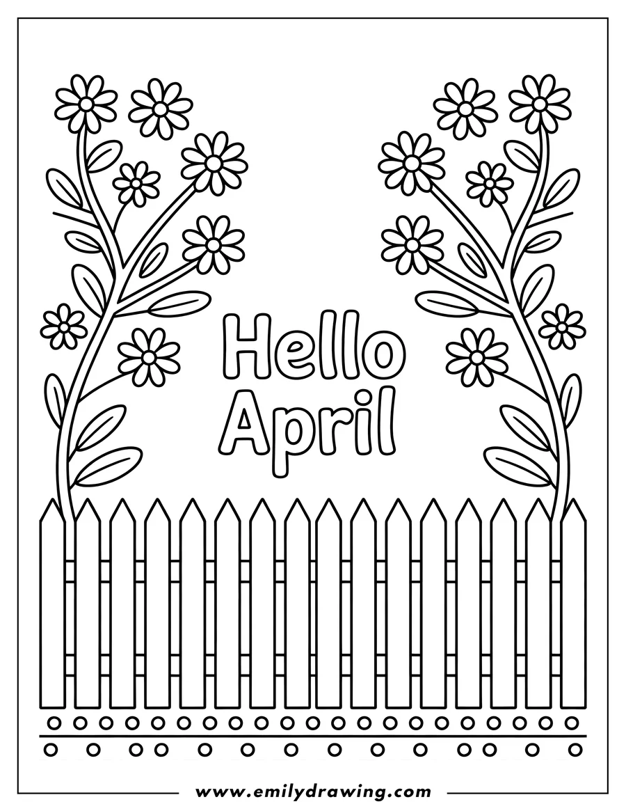 Outline of flowers, a picket fence, and the words 