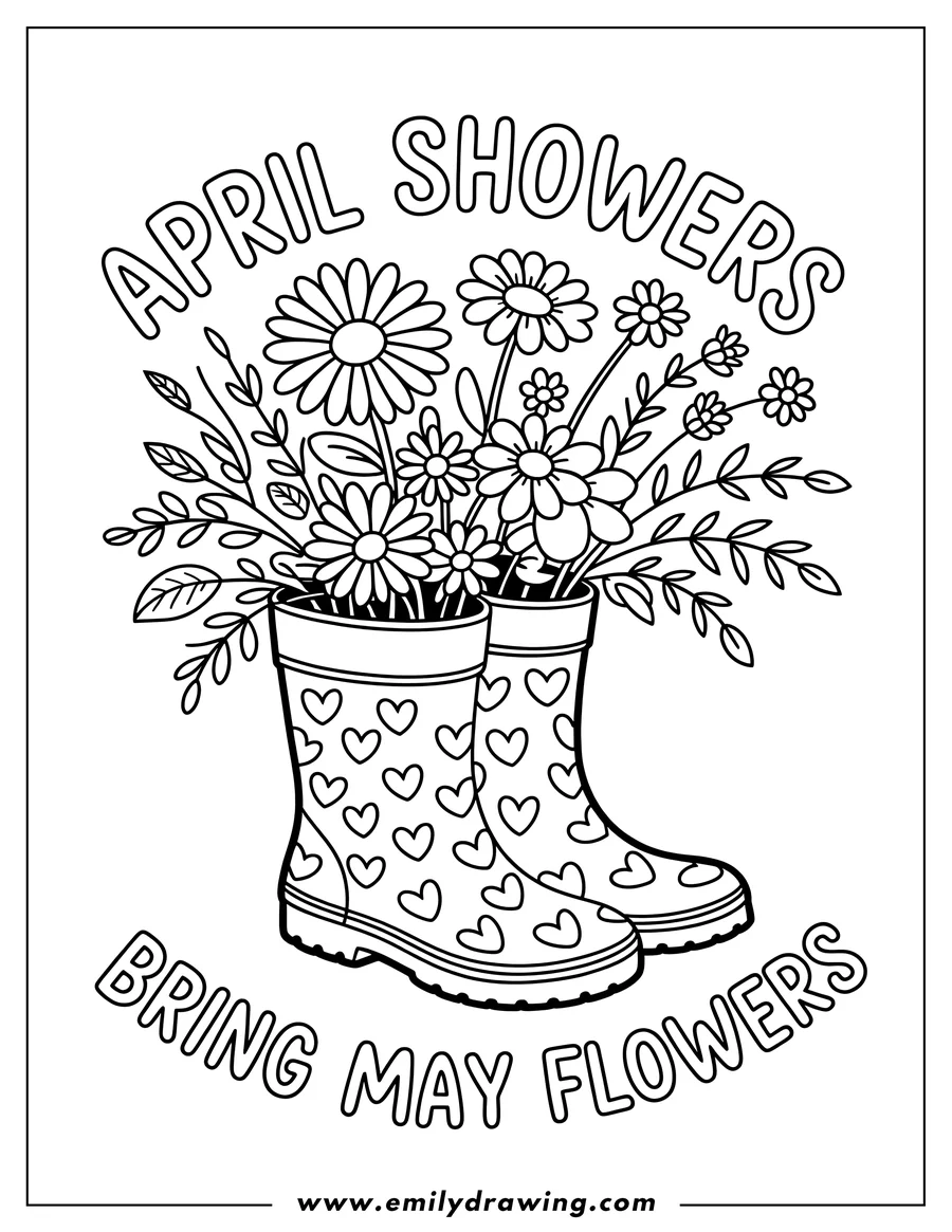 Line art of flowers in rain boots with hearts printed on them. The words 