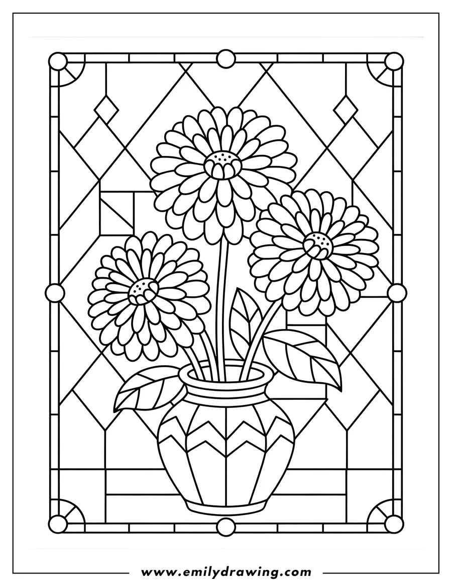 Line art of three flowers in a patterned vase, resembling a stained glass window design.
