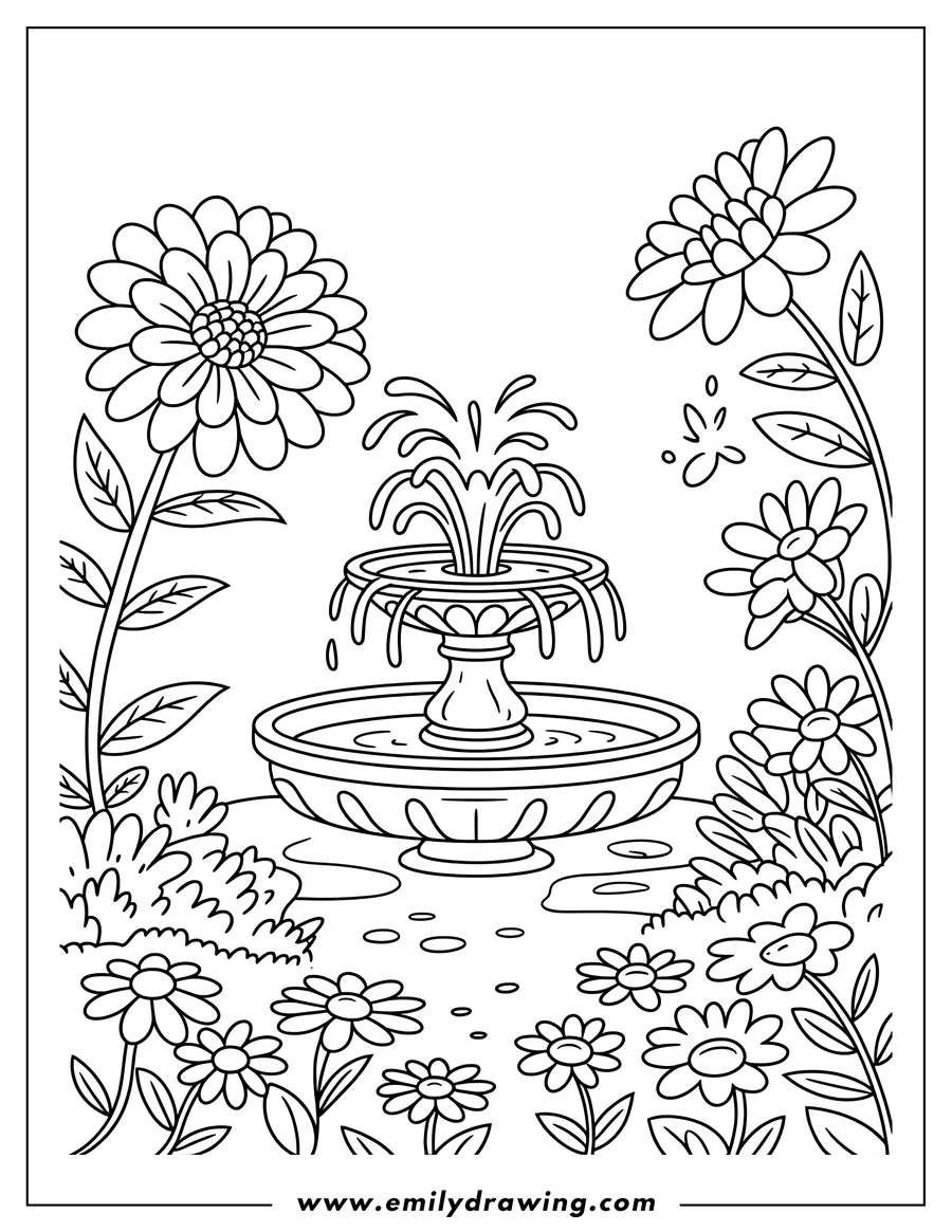 Outline of a two-tiered garden fountain with water splashing, surrounded by various blooming flowers and leafy bushes.