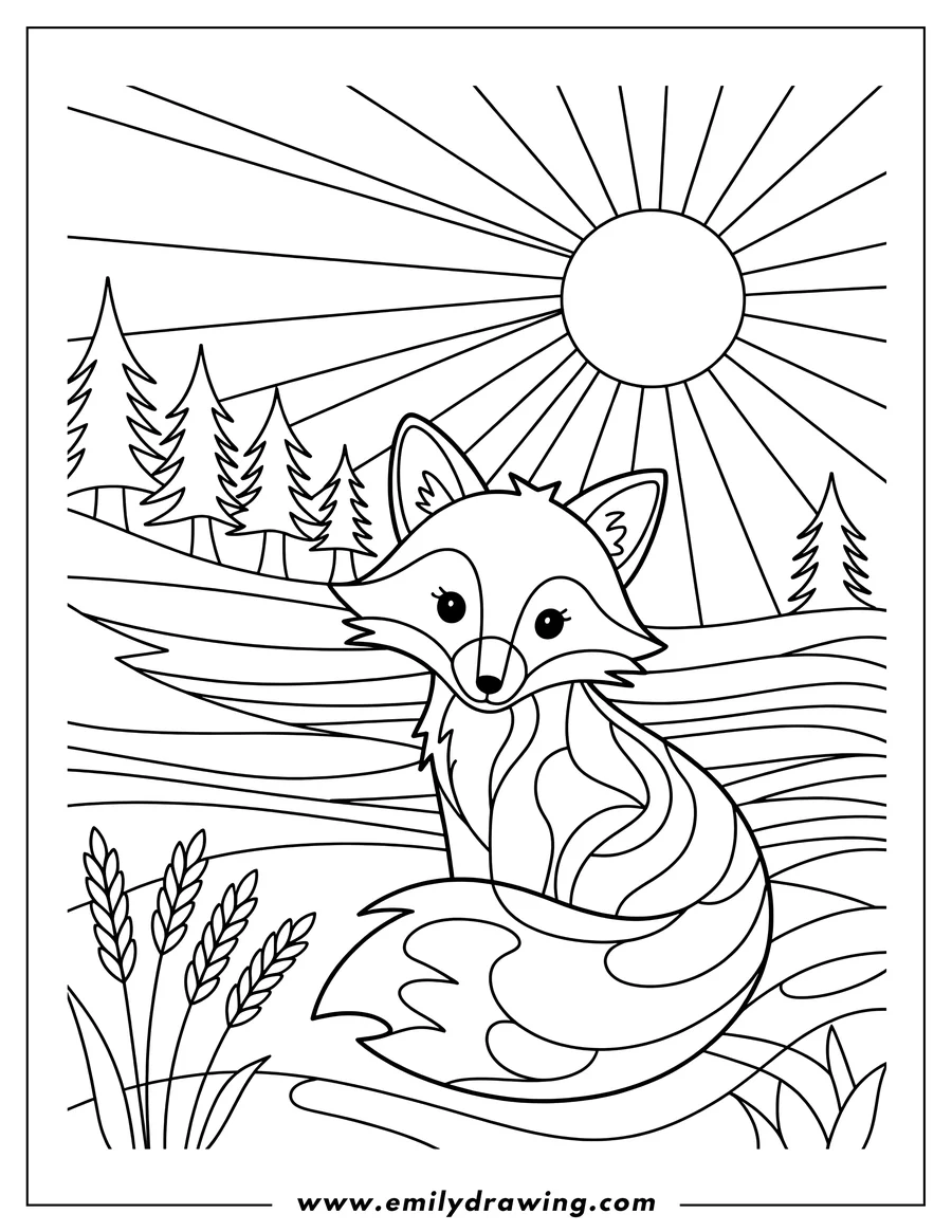 Line art of a fox sitting in a grassy field with trees and a shining sun in the background