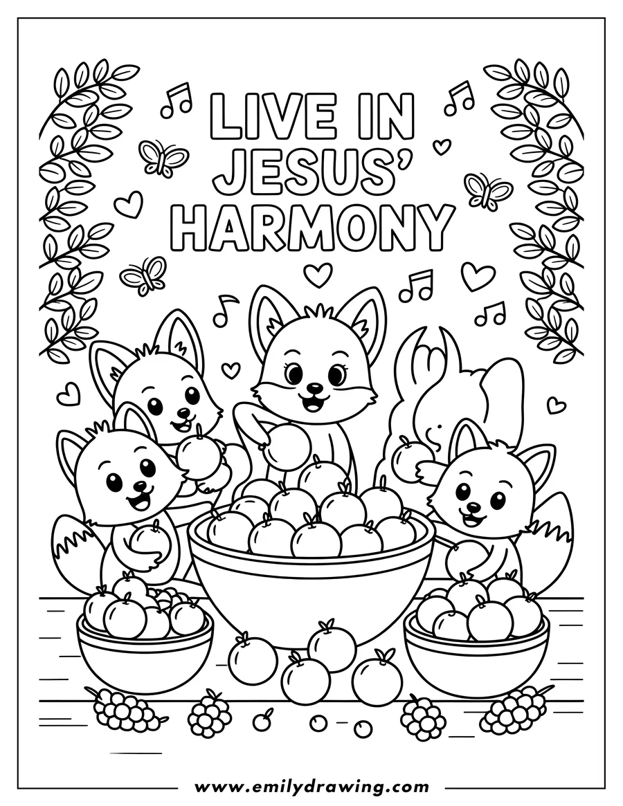 Line art of three foxes and a rabbit gathered around a large bowl of apples, with smaller bowls and scattered berries nearby.