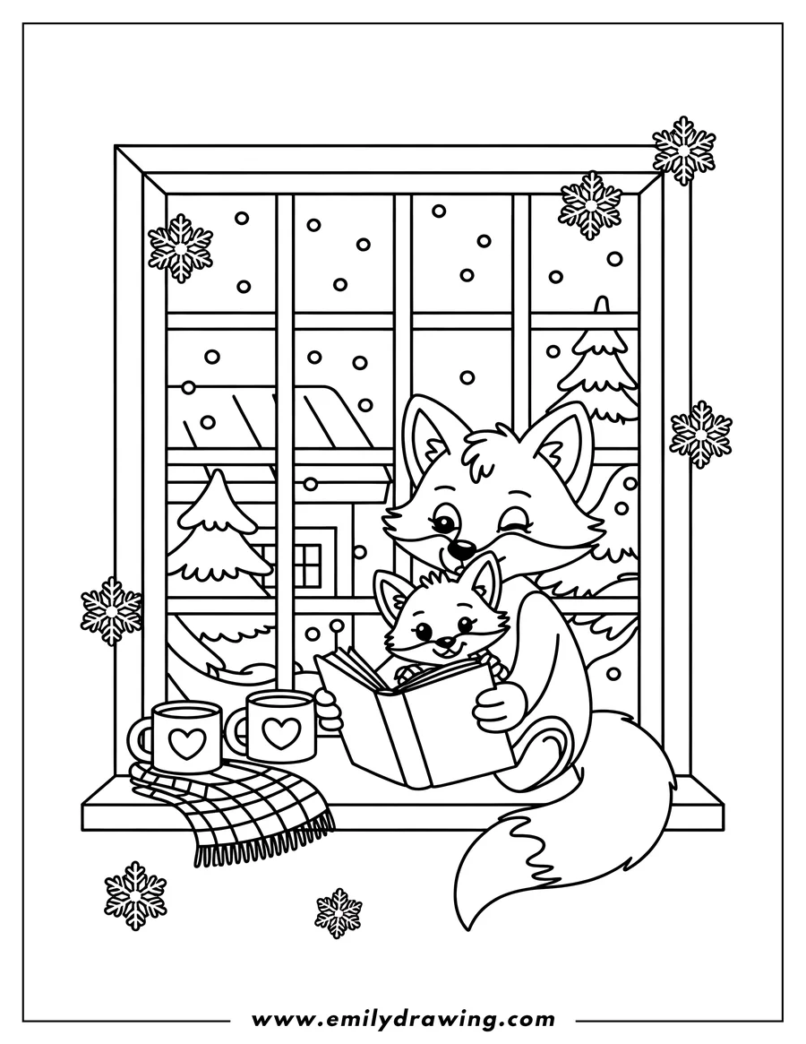Line art of two cartoon foxes sitting by a window, one reading a book, with snow and snowflakes outside.