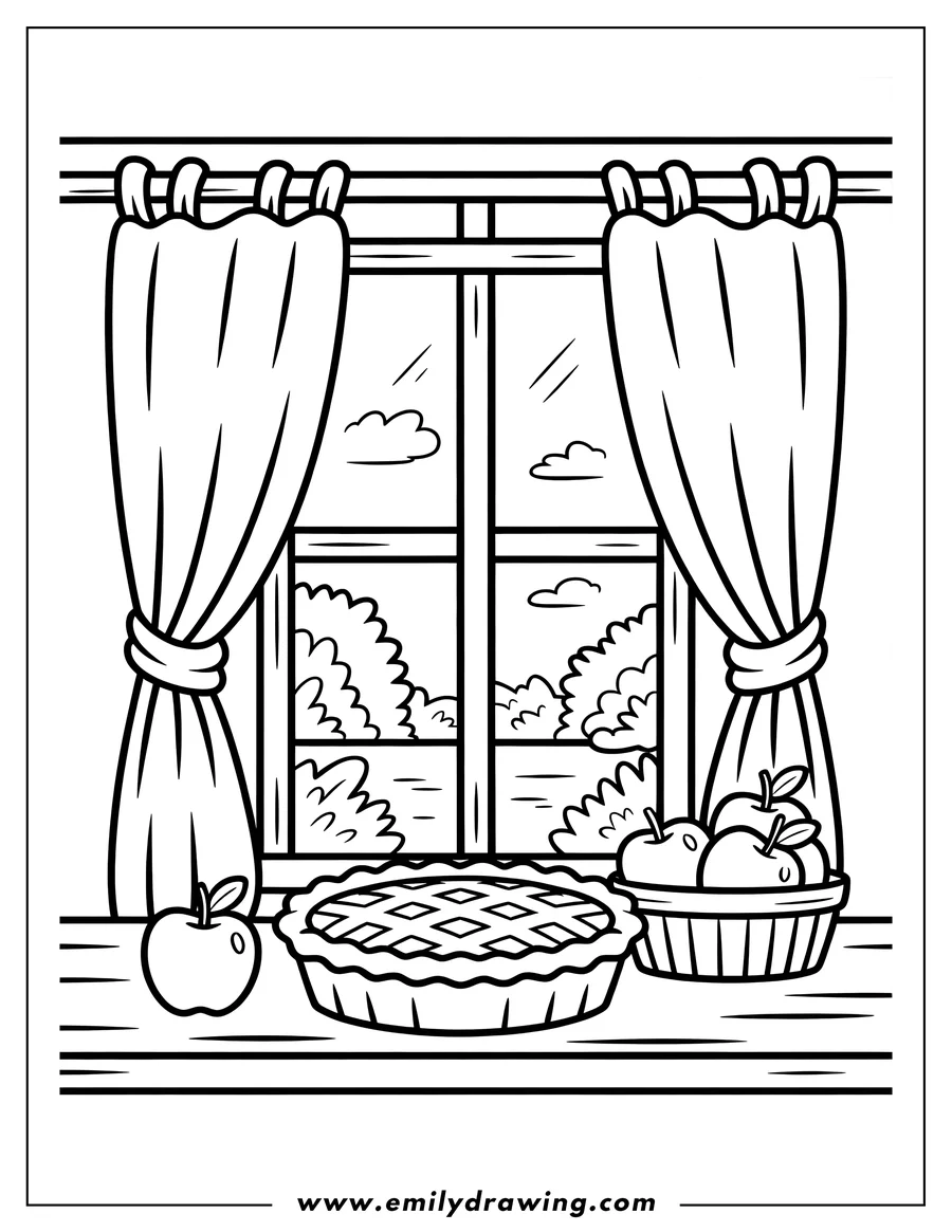Line art depicting a fresh lattice-crust pie and a basket of apples resting on a cozy windowsill, framed by curtains, with a view of bushes and clouds outside.