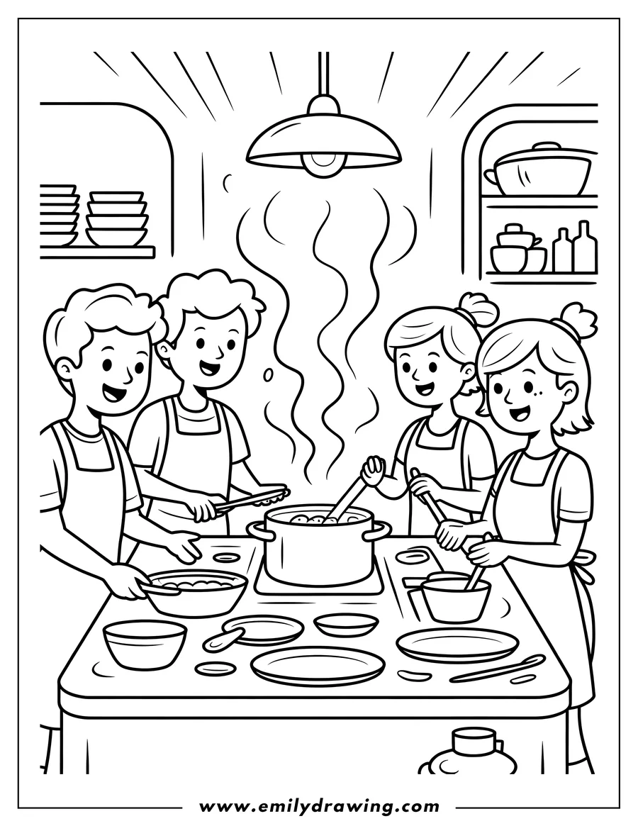 Outline of four young friends wearing aprons and happily cooking together in a detailed kitchen. They are stirring a large pot on the stovetop and mixing ingredients in bowls on the counter.