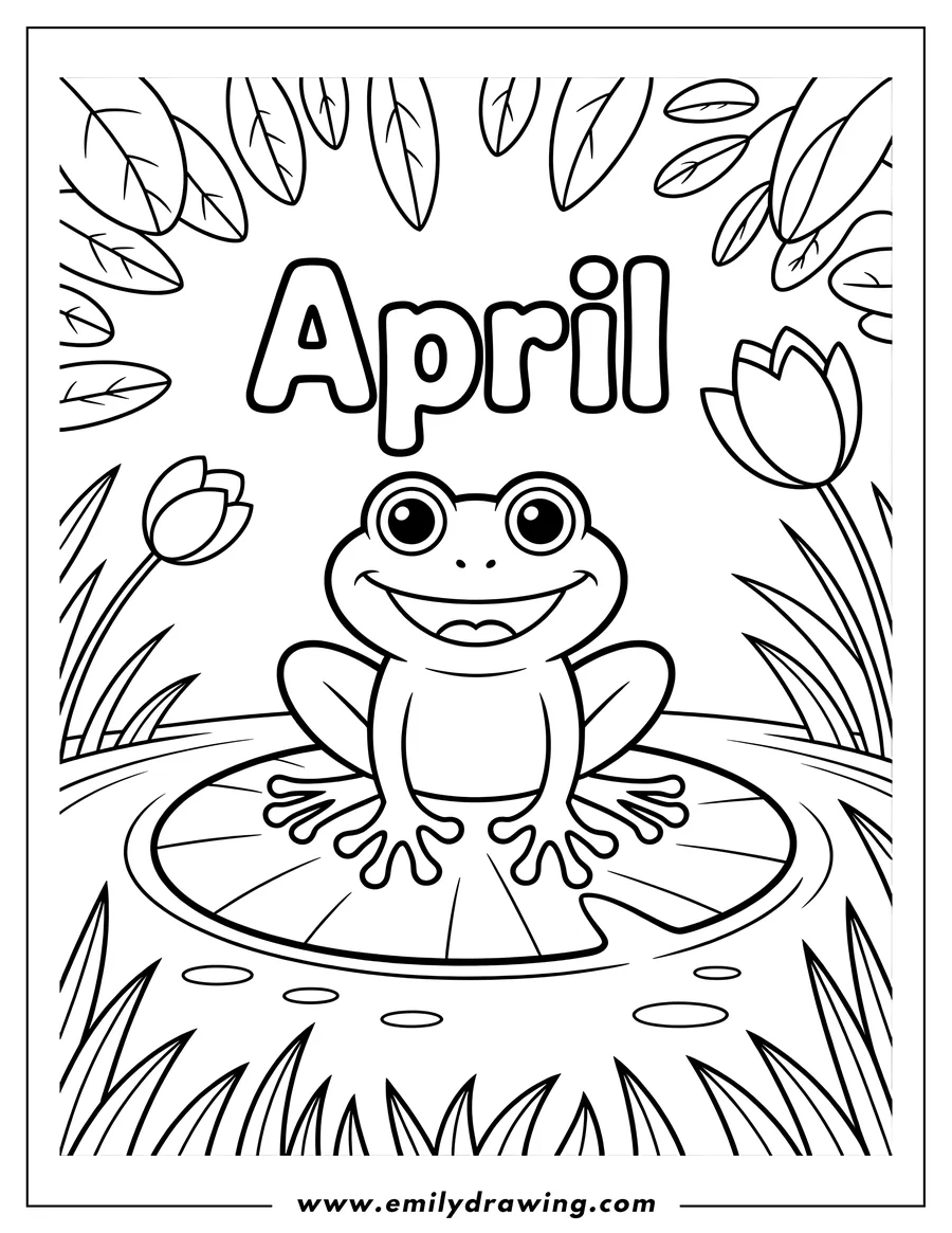 Line art of a smiling frog sitting on a lily pad, surrounded by grass and tulips, with the word 