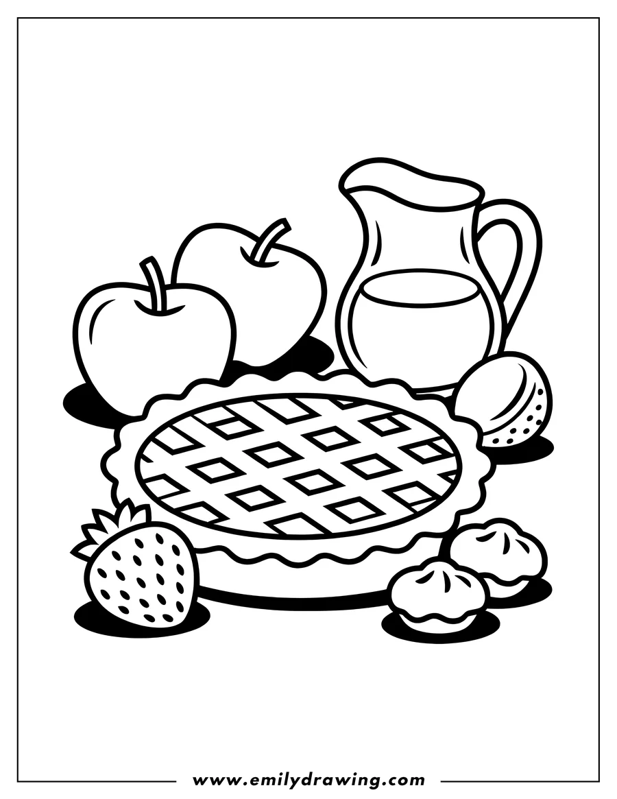 Line art of a lattice-topped pie surrounded by two apples, a whole strawberry, a cream pitcher, and small pastries.