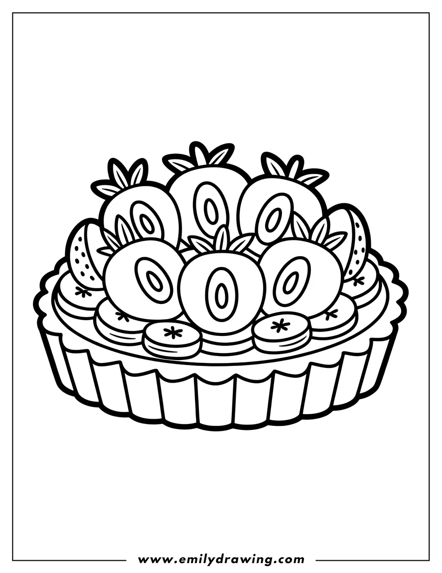 Line art of a whole fruit tart dessert with a scalloped crust. The tart is heavily topped with large, stylized berries and smaller circular fruit slices.