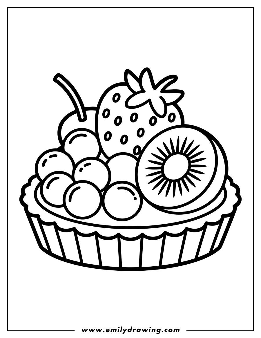 Outline illustration of a small fruit tart dessert topped with a whole strawberry, a slice of kiwi, and a cluster of grapes.