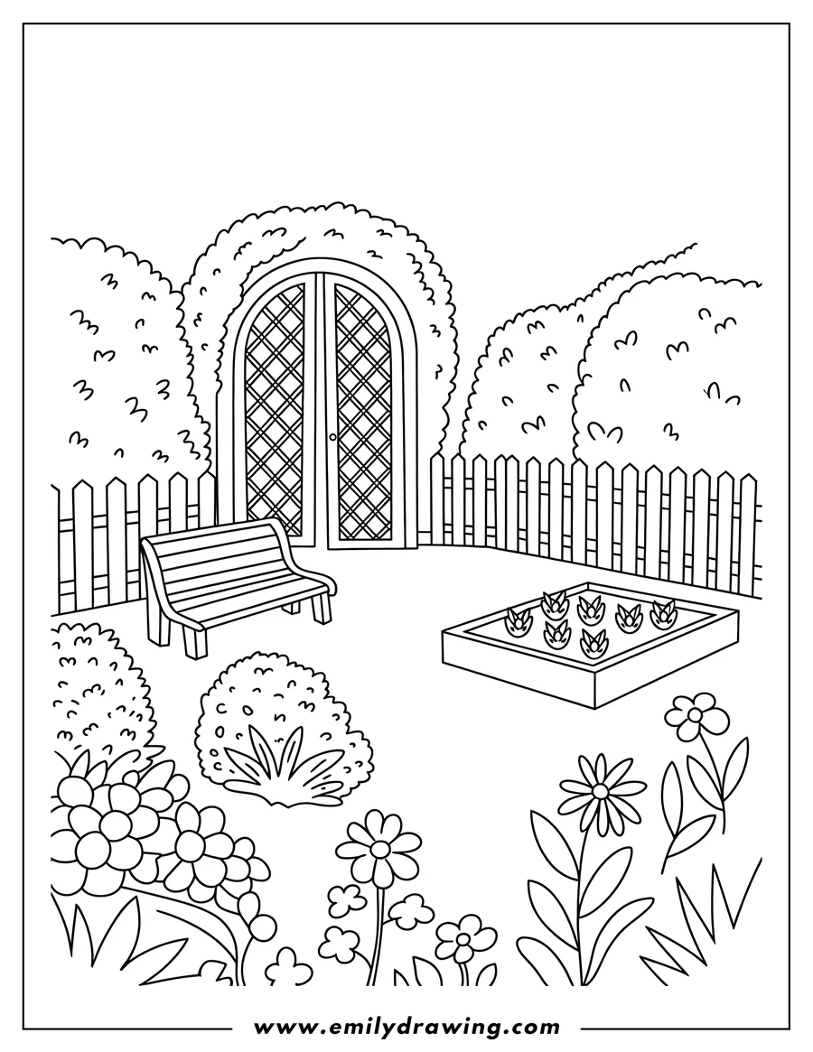 Line art of a peaceful garden scene with a wooden bench, a decorative gate surrounded by bushes, a raised garden bed with small plants, and various flowers blooming.
