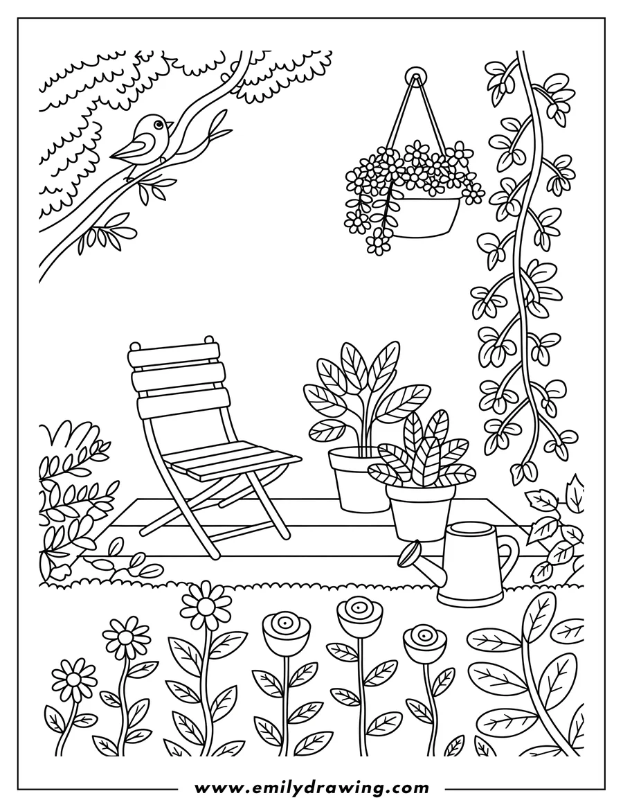 Line art of a garden scene with a bird on a tree branch, a folding chair, potted plants, a watering can, and various flowers blooming below.