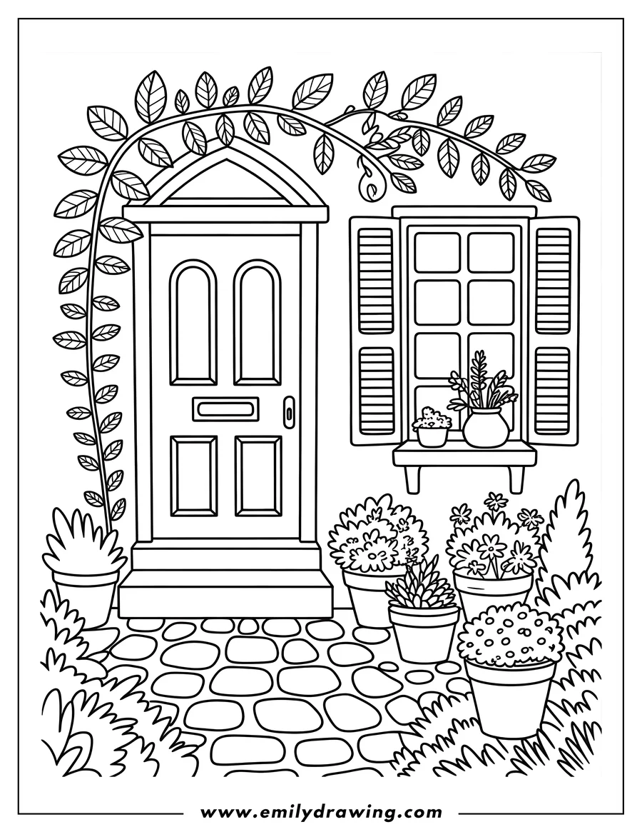Line art of a front door with a window featuring open shutters. The scene is decorated with vines climbing over the door and various potted plants and bushes on the stone path leading up to the door.