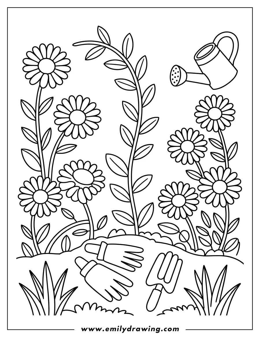 Outline of a garden with many blooming flowers, a watering can, gardening gloves, and a trowel on the ground.