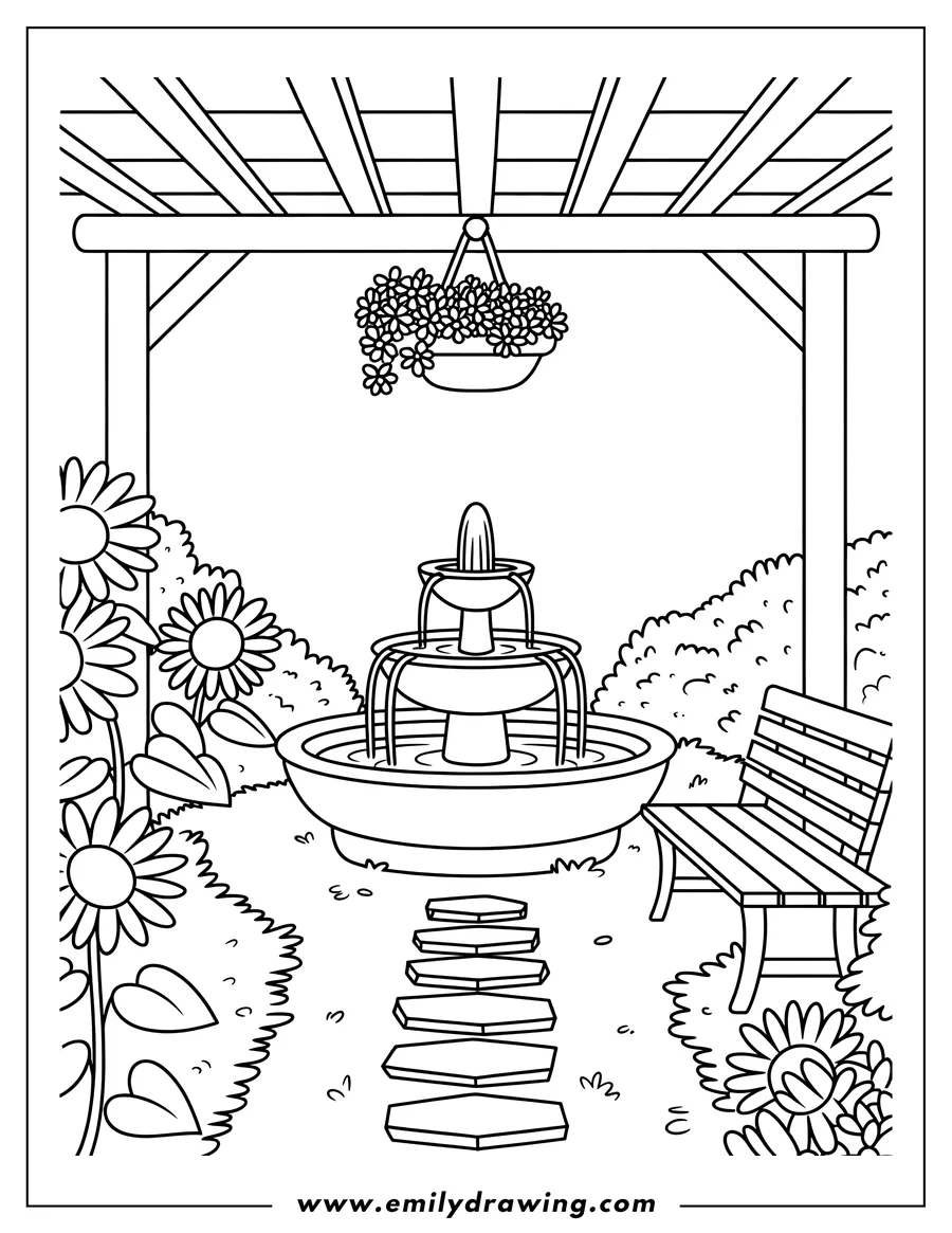 Line art of a peaceful garden with a three-tiered fountain, a wooden park bench, stepping stones, and various flowers, all under a pergola.