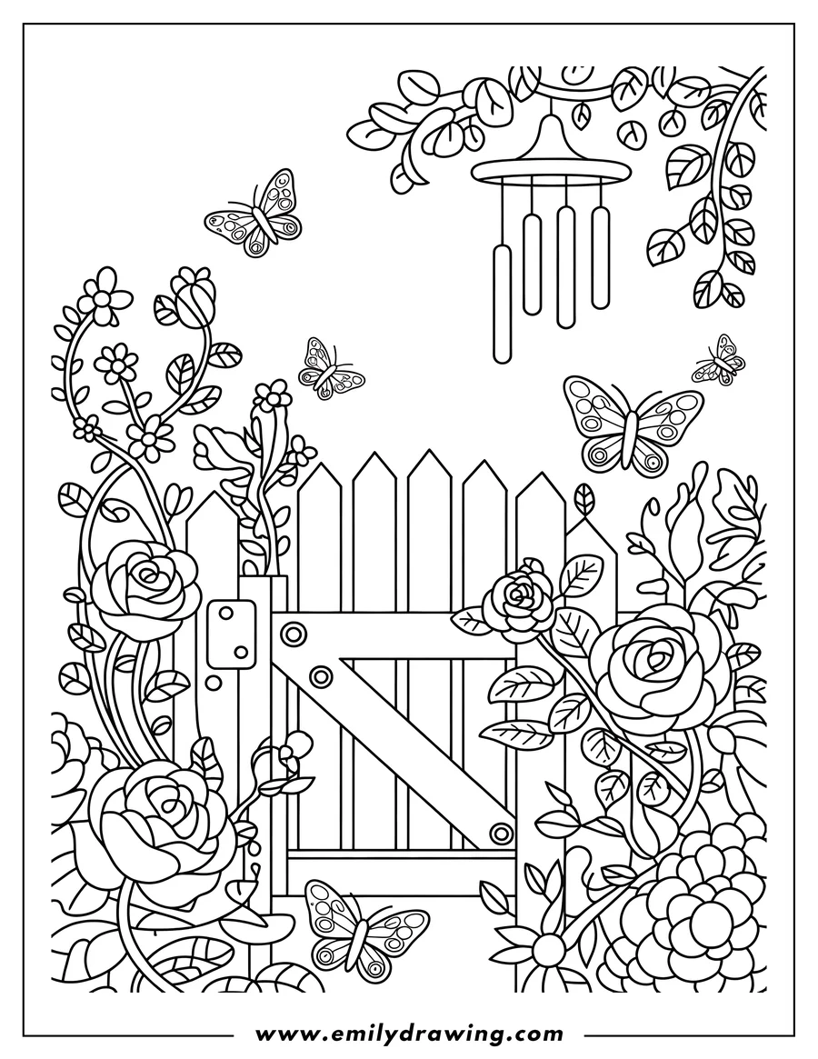 Line art of a garden gate surrounded by lush flowers and flying butterflies, with a wind chime hanging from a branch.