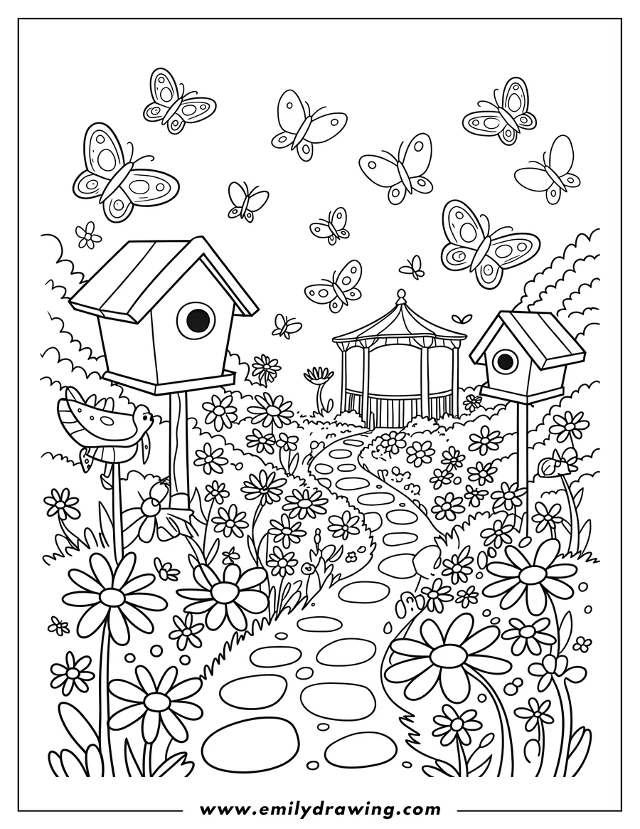 Line art of a vibrant garden scene with a path leading to a gazebo, surrounded by numerous blooming flowers, two birdhouses, and many butterflies fluttering in the air.