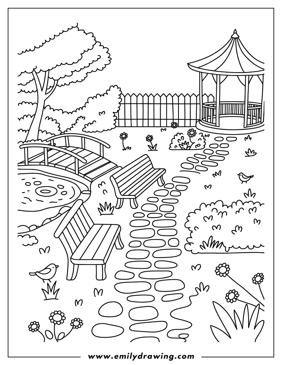 Line art of a charming garden scene featuring a gazebo, two benches, a small pond with a bridge, a winding stone path, and various plants and flowers.